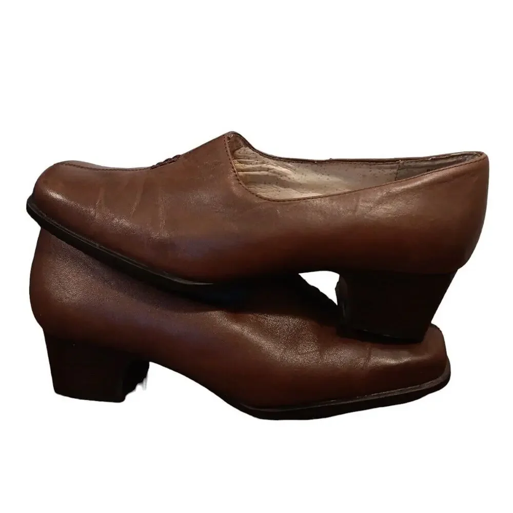 Strictly Comfort Women's 8W‎ Brown Leather Slip-On Shoe Square Toe Block Heel